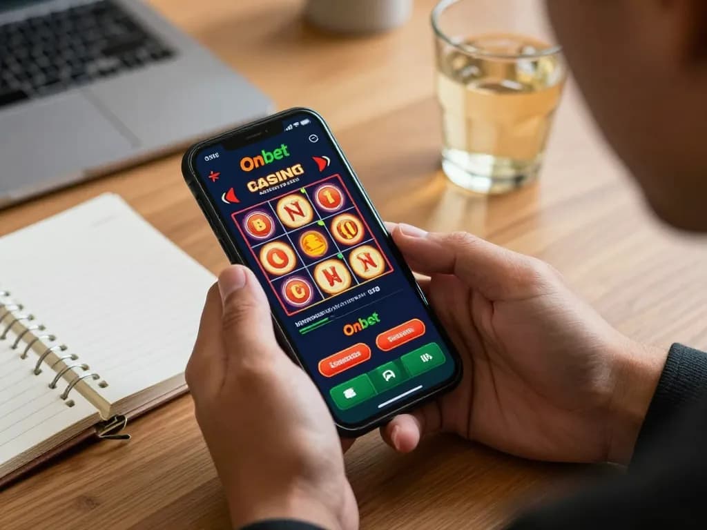 Playing on the Onbet app, a smartphone user engages with a dynamic casino interface in a cozy workspace.
