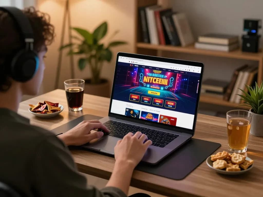 Engaged in online gaming, exploring top 10 nhà cái uy tín from a vibrant laptop interface in a cozy home setup.