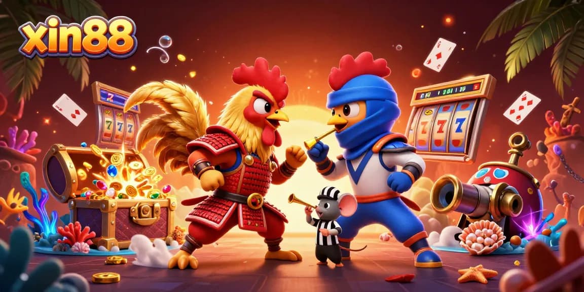 Experience the excitement of xin88 with dynamic roosters in combat surrounded by jackpot elements.