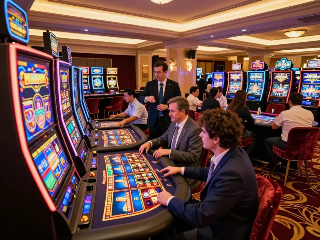 Players enjoying exciting games at QH88go casino, showcasing vibrant slot machines and luxurious atmosphere.