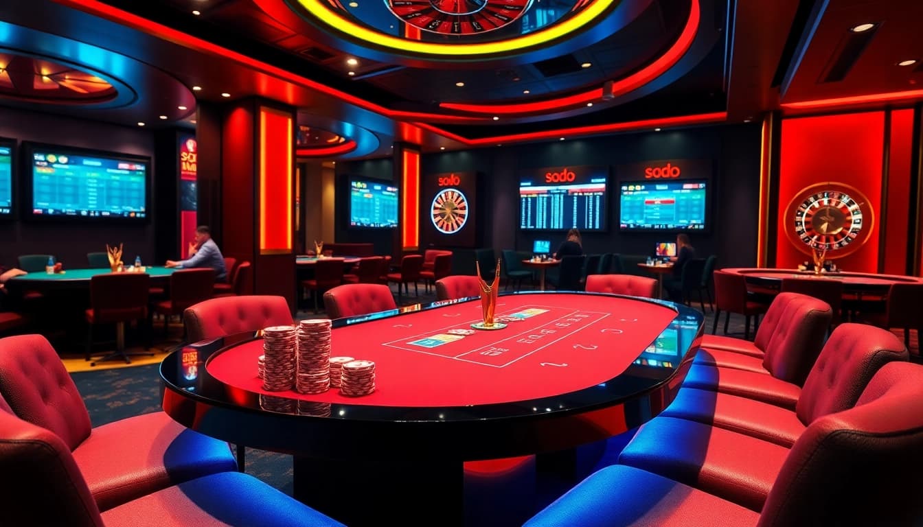 Experience the thrill of SODO CASINO with players enjoying high-stakes card games and vibrant casino elements.
