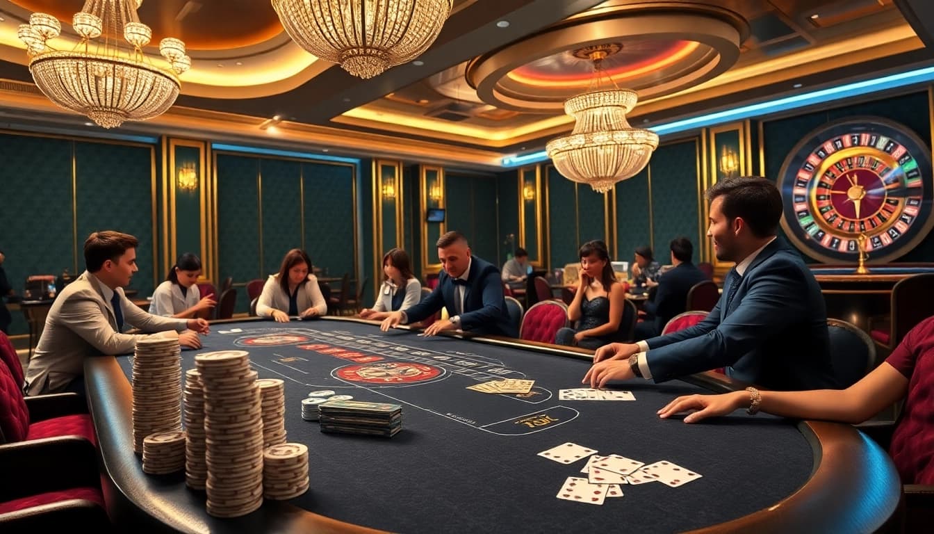 DV88 features an exciting poker game with professional dealers, vibrant chips, and cards in play.