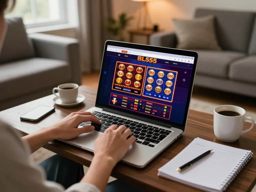 Player engaging with BL555 online gaming site while enjoying a cozy home setup.