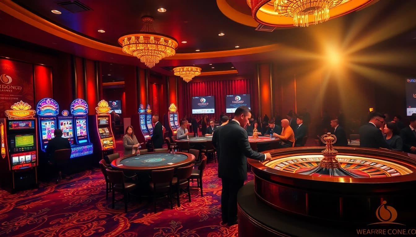 High-energy casino scene featuring iq88 branding with players at poker tables, vibrant slot machines, and roulette action.
