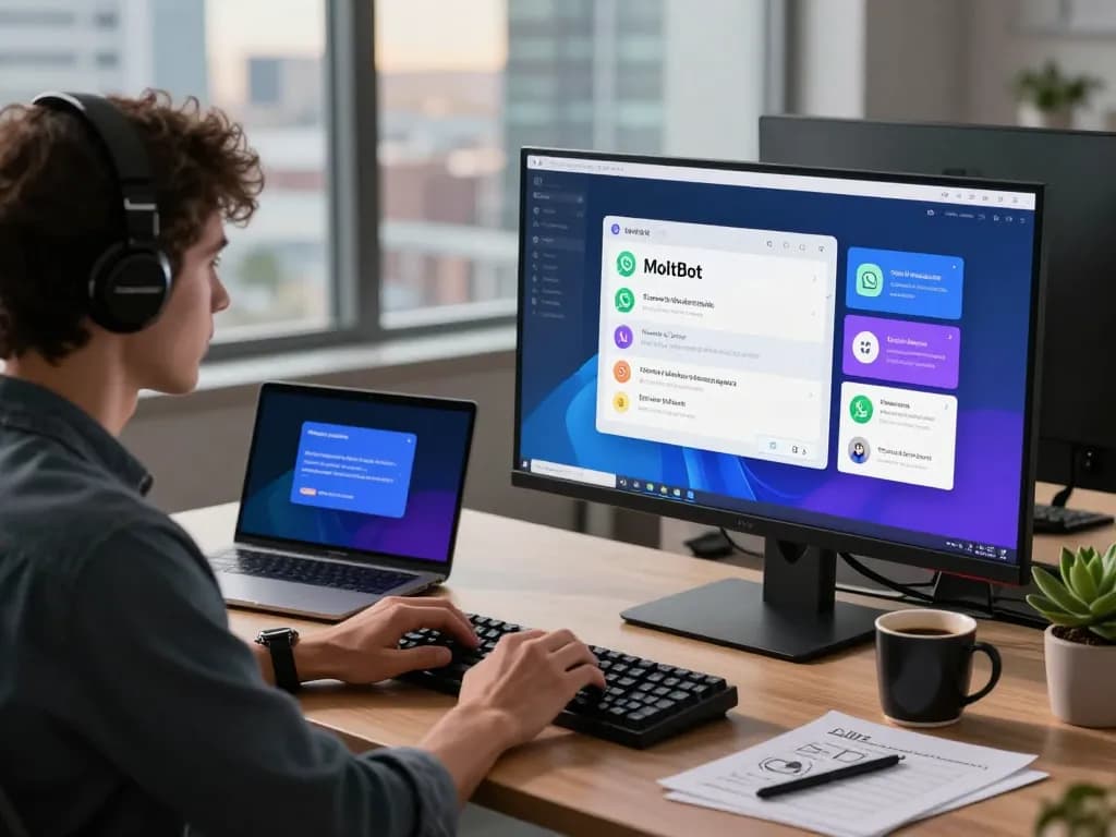MoltBot AI in action at a sleek workspace, showcasing productivity and modern technology integration for personal assistance.