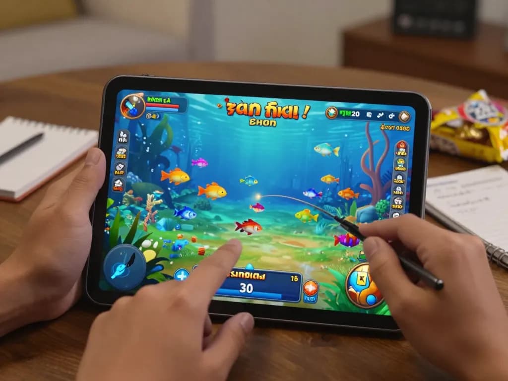 Bắn cá đổi thưởng session featuring a player targeting fish on a tablet while taking notes for strategy.