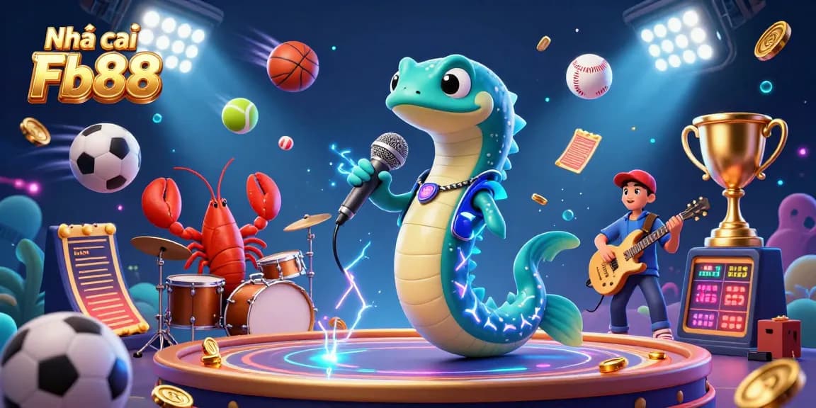 Experience the excitement with Nhà cái Fb88 in this vibrant 3D underwater casino illustration featuring an electric eel DJ.