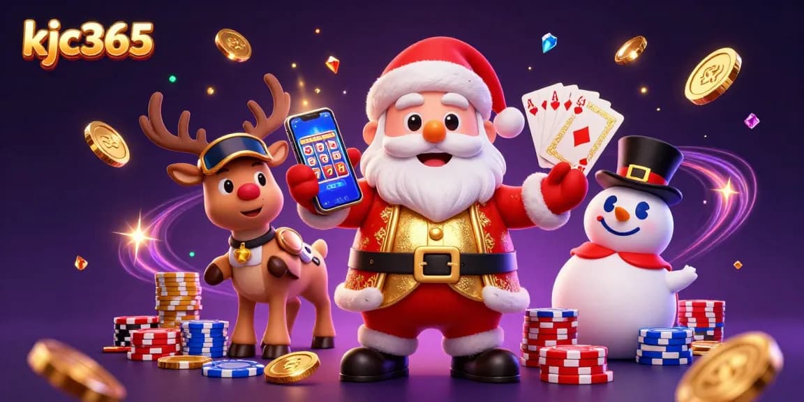 Experience thrilling jackpots at kjc365 with a festive 3D casino scene featuring Santa and friends.