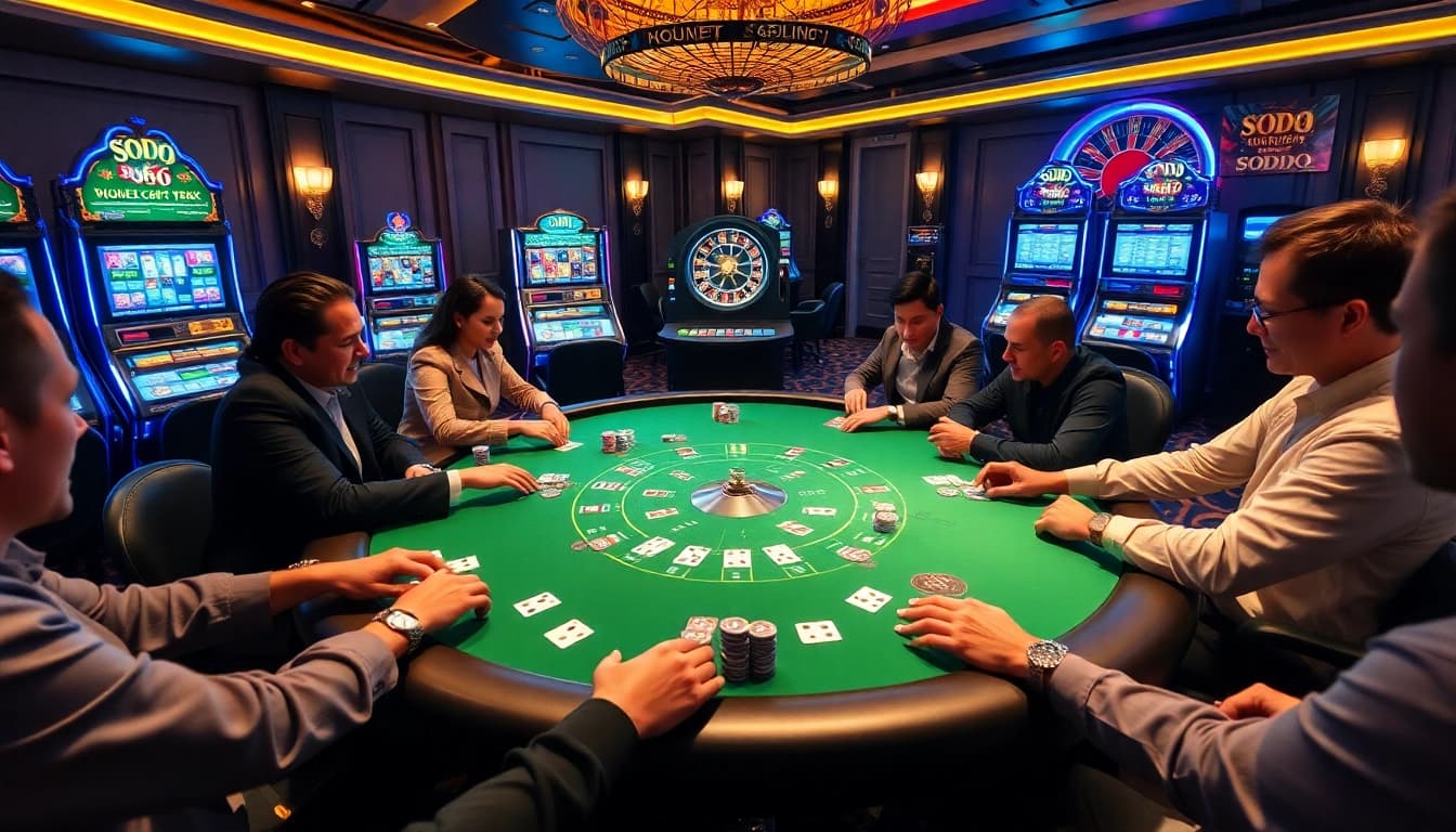 SODO66 players engaging at a high-stakes poker table in a luxurious casino.