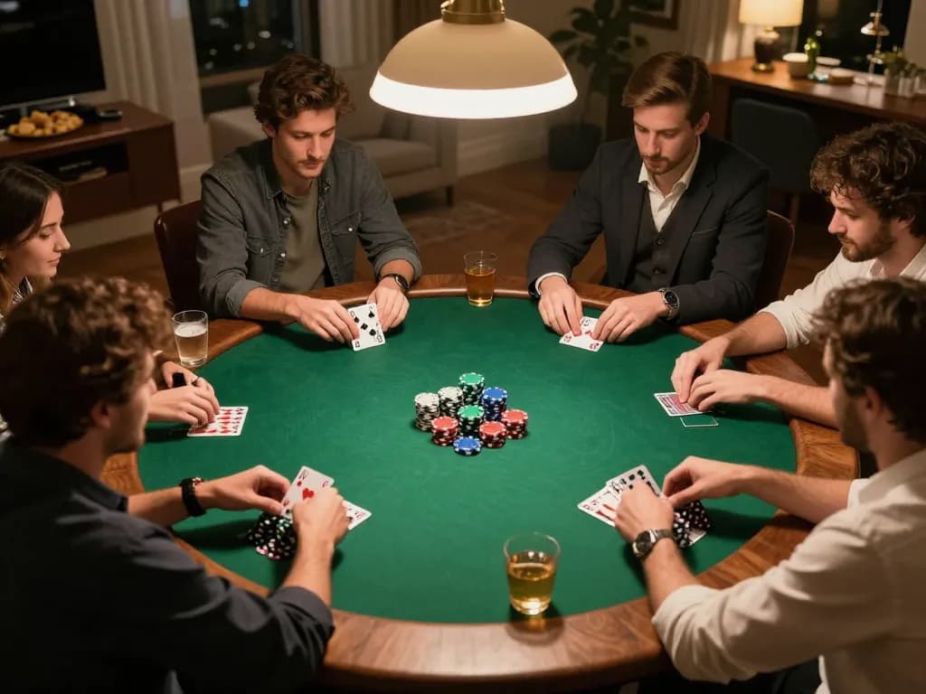 Players enjoying a poker game at home with 88vv strategy notes on the table.