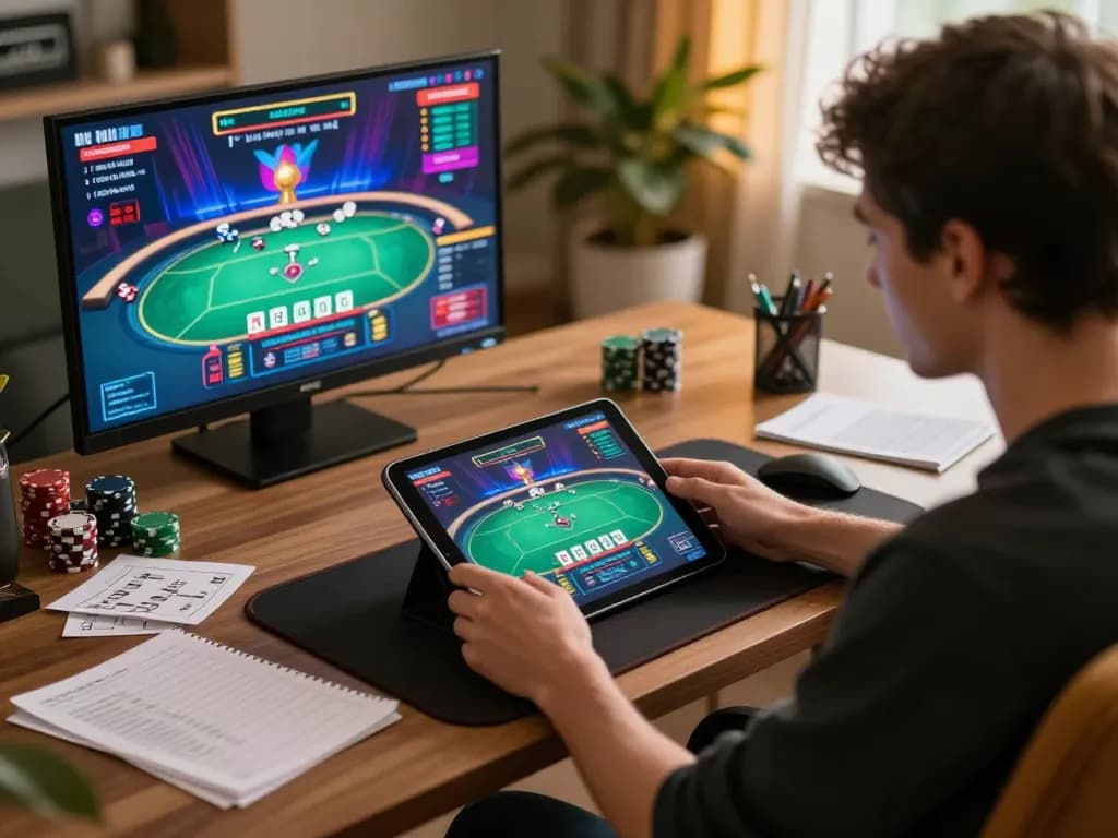 Engaging in 79so do poker game from a cozy home setup with a glowing tablet screen.