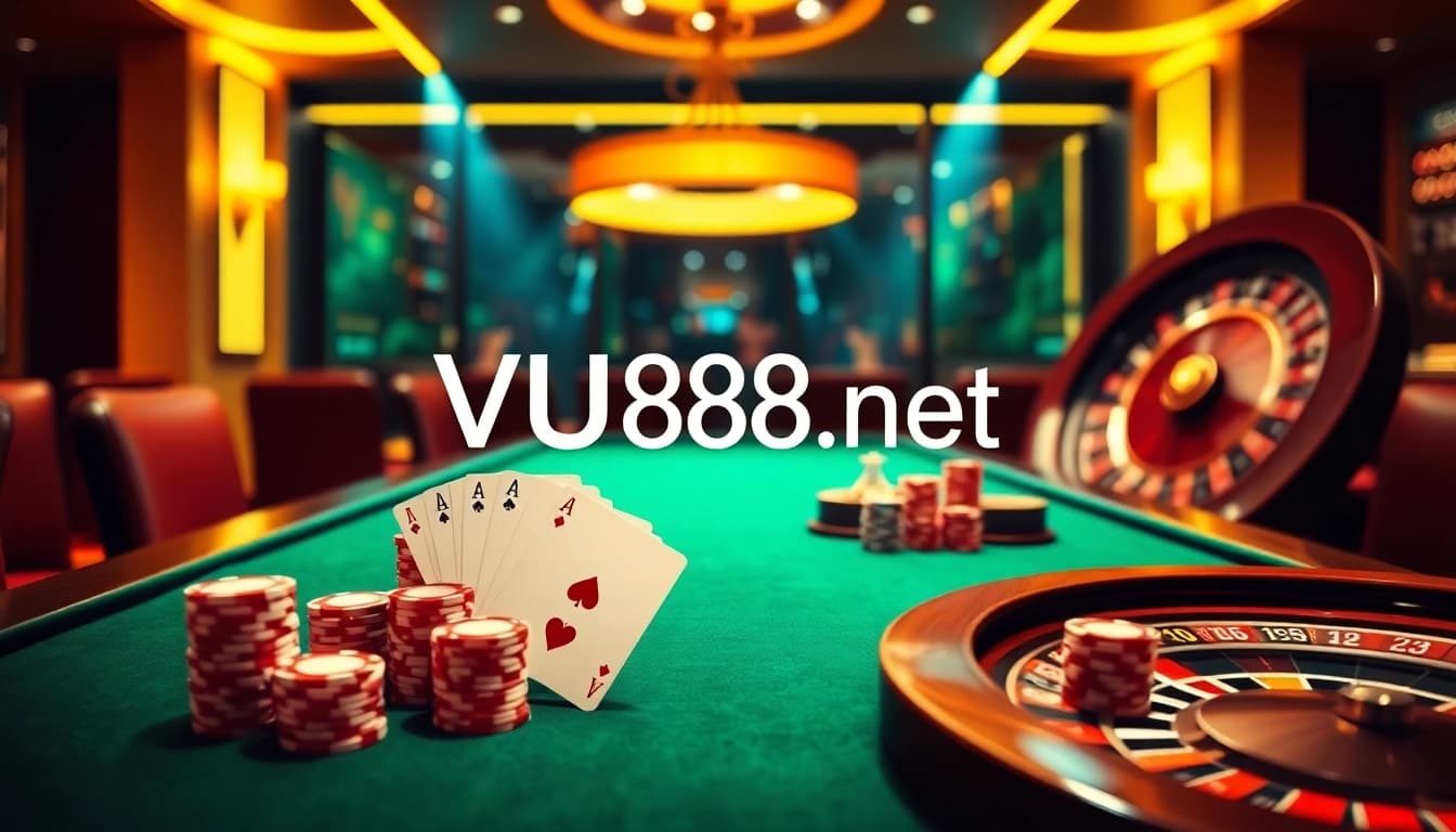 Experience high-stakes poker action at VU88 net, featuring elegant tables and vibrant poker chips in a luxurious casino.