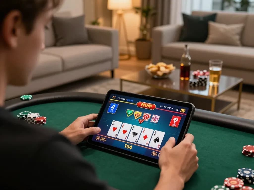 Player engaging in exciting 99WIN online poker game on a tablet in a cozy home setting.