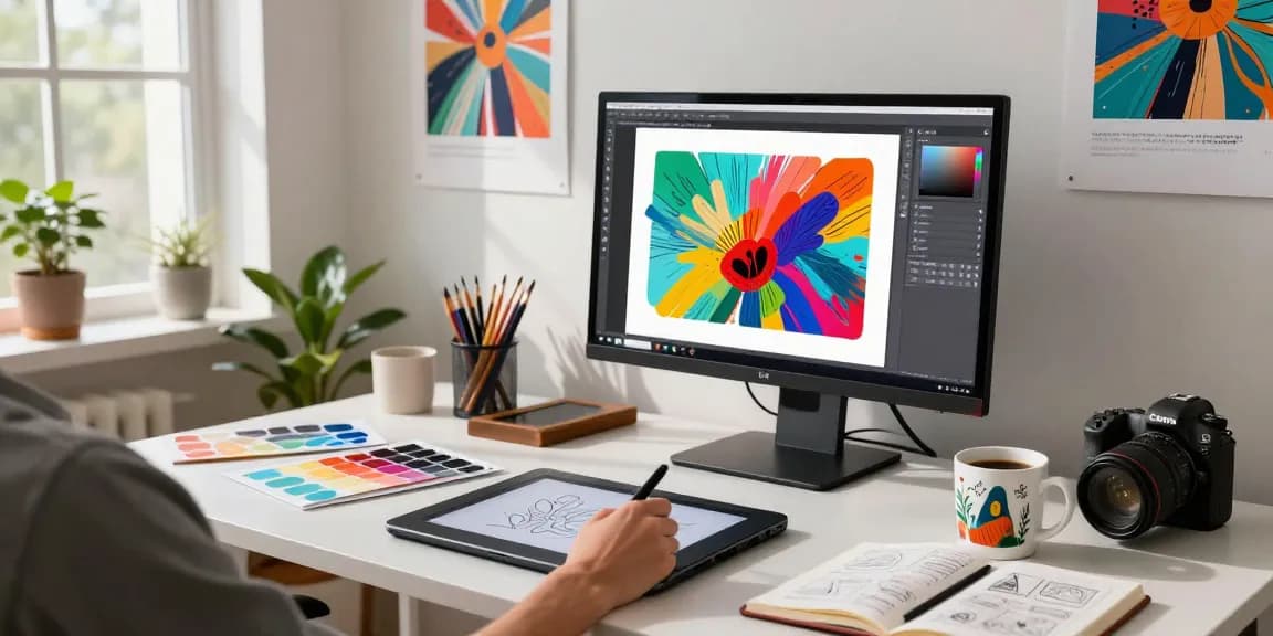 Artist using an image to prompt generator in a creative workspace filled with art supplies and AI-generated artwork.