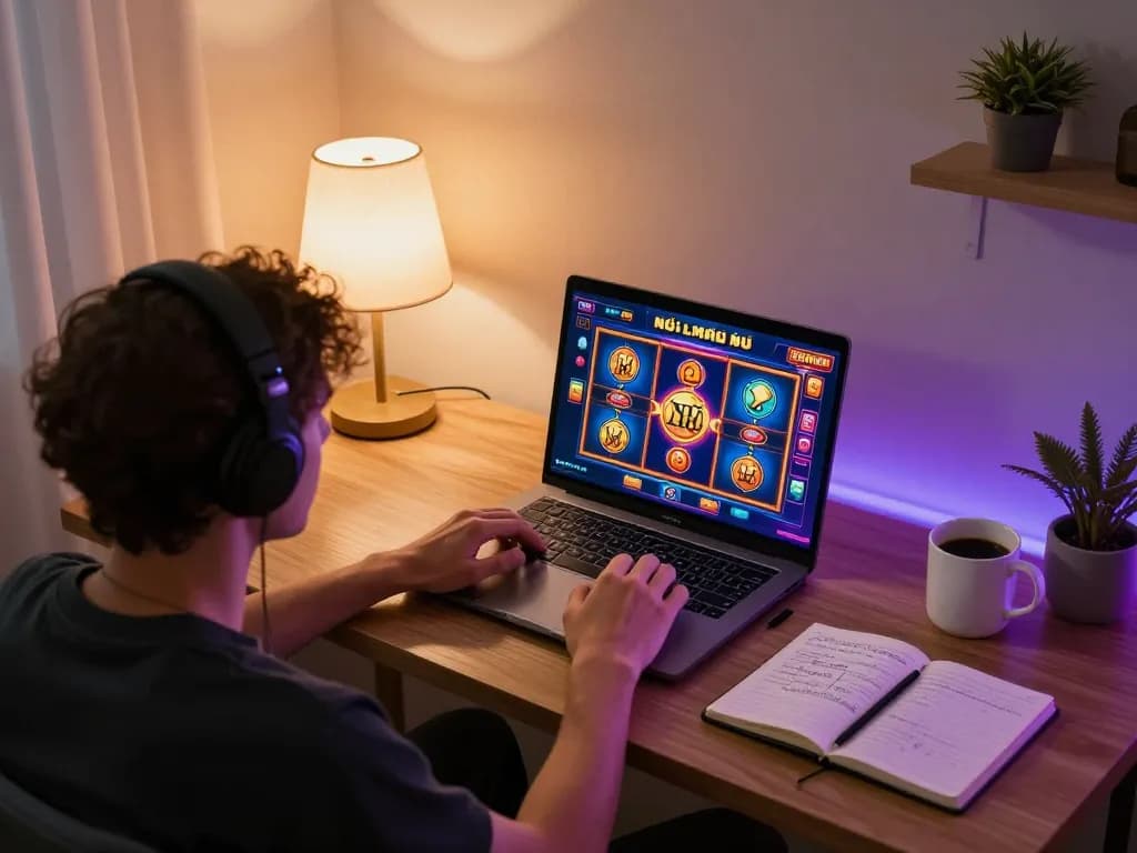 Nổ hũ player engaging with colorful slot game on a laptop in a cozy home workspace.