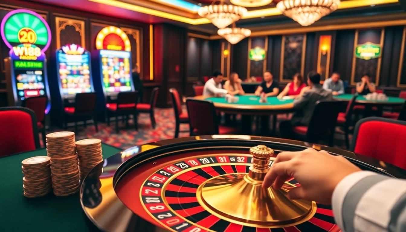 Experience high-stakes gaming action at W188, with vibrant roulette and poker tables enhancing your betting adventure.