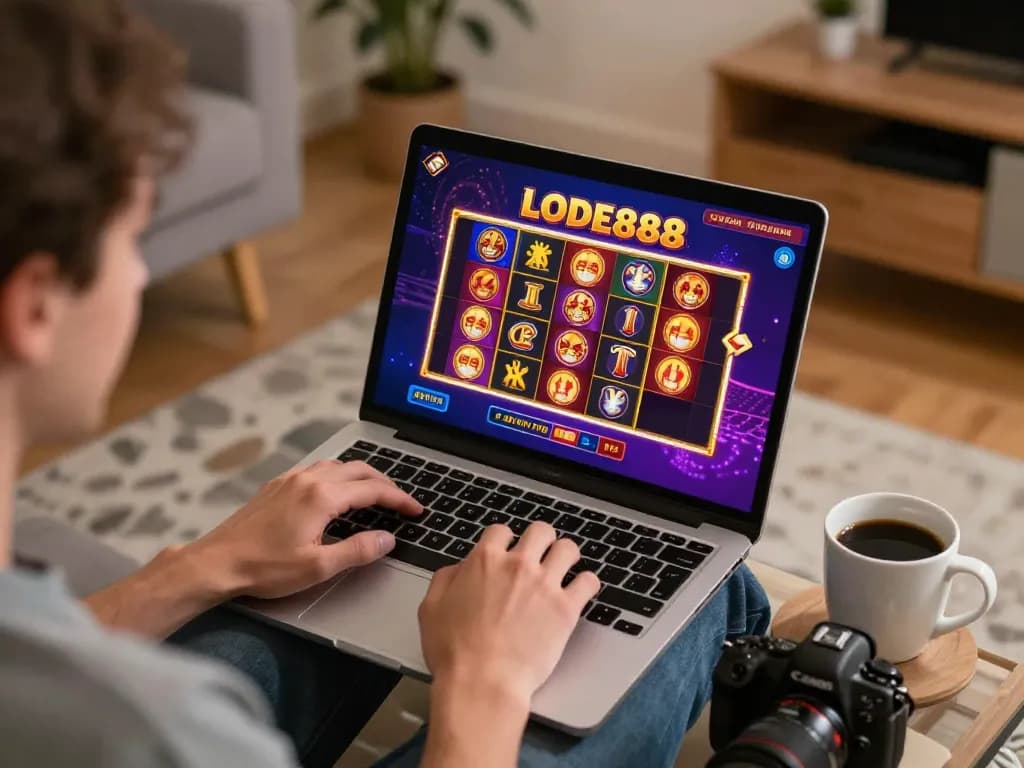 Player enjoying an online gaming session on LODE888, laptop screen displaying vibrant casino games.