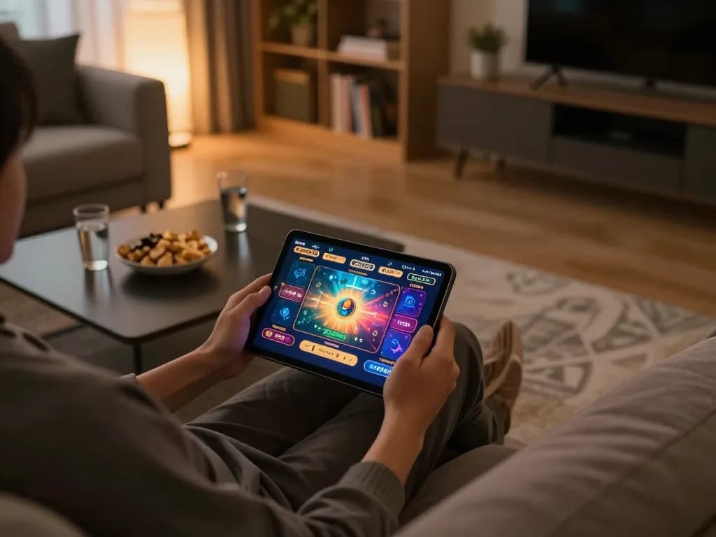 Engaged player using LV88 đăng nhập on tablet for online gambling session, friendly home atmosphere
