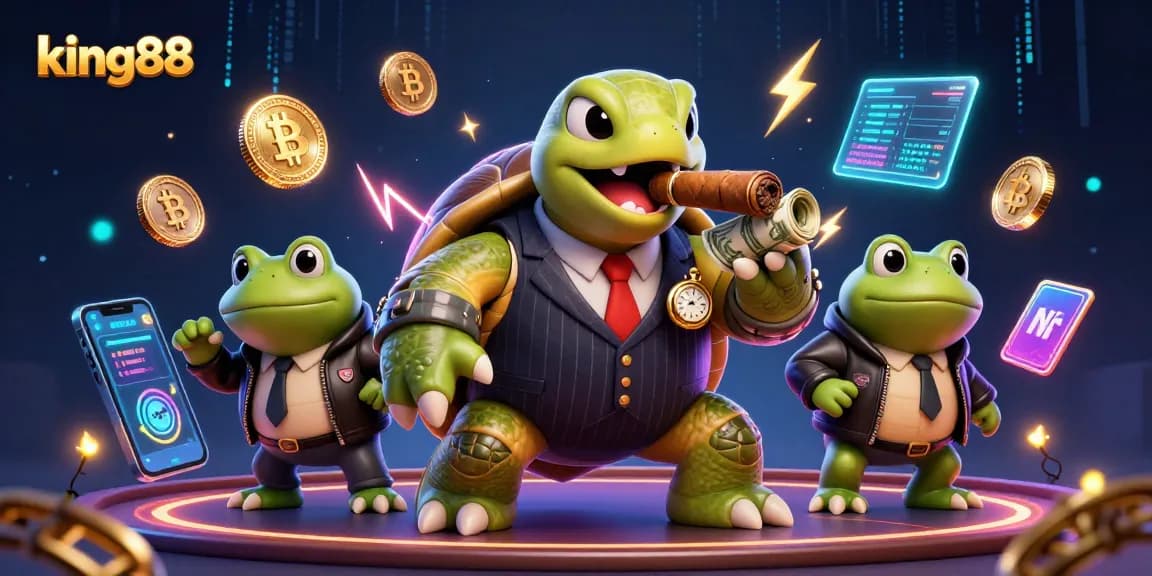 Join the excitement at king88 with a cartoon turtle and bullfrogs amidst vibrant casino action