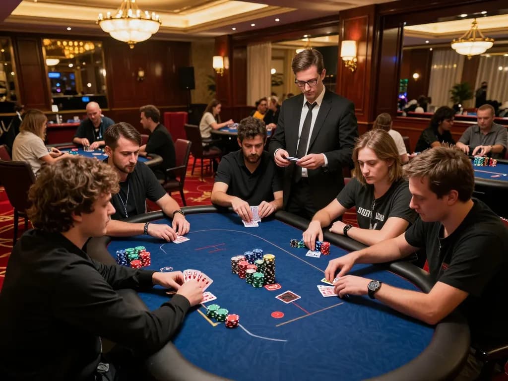 SUNWIN players engaged in an exciting poker game, highlighting strategic decisions and vibrant casino atmosphere.