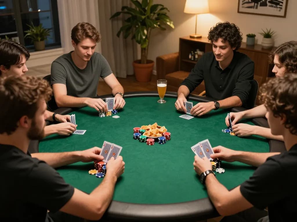 Exciting GEM88 home poker game with players strategizing and enjoying snacks