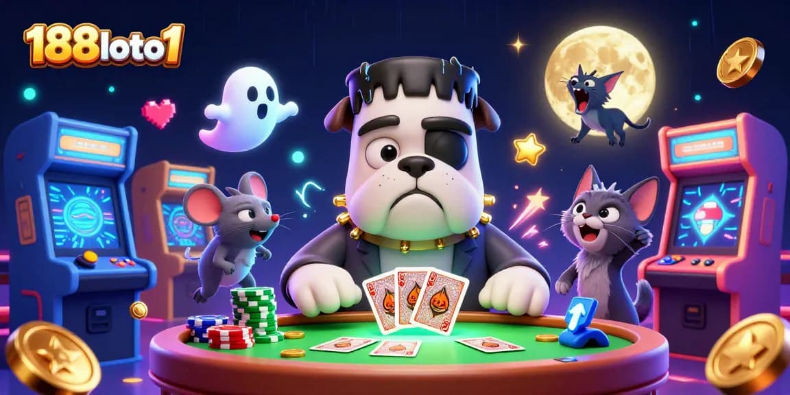 Engage with 188loto1 as the Frankenstein bulldog and ghost mouse delight around a vibrant casino scene filled with gaming elements.