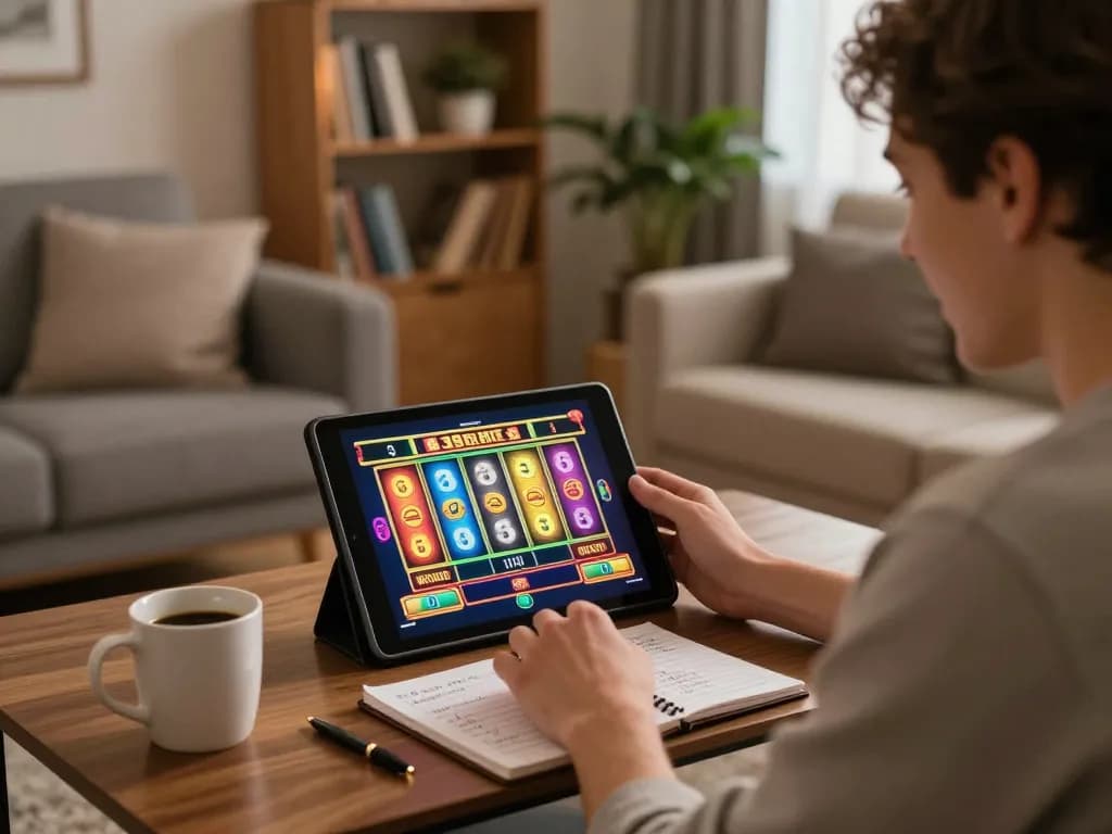 FLY88 player enjoying exciting tablet gaming experience at home, engaged in colorful slot game.