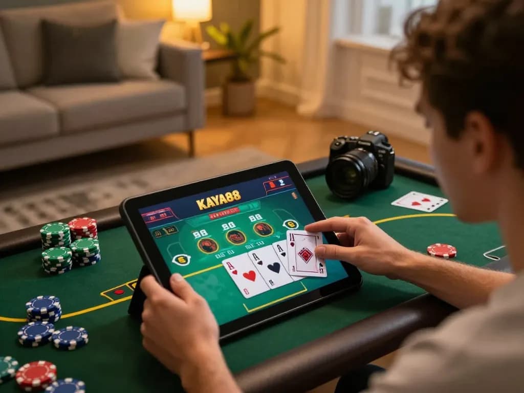 KAYA88 player participating in an online poker game on a tablet with vibrant colors and cozy atmosphere.