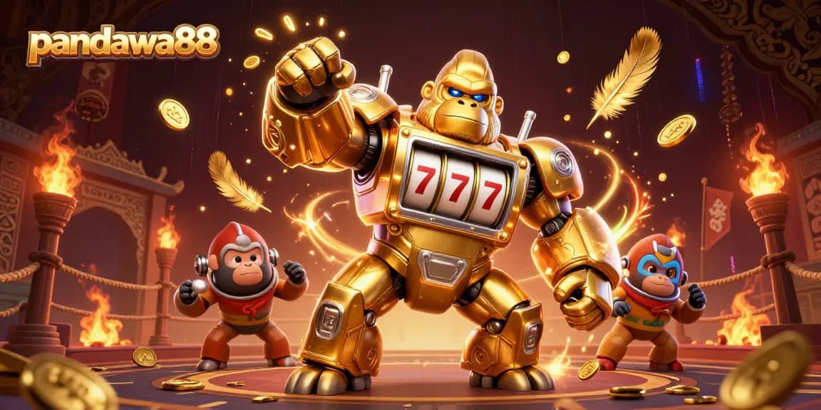 Pandawa88 slots experience with a transformer gorilla mech delivering jackpots and excitement in a vibrant casino scene.