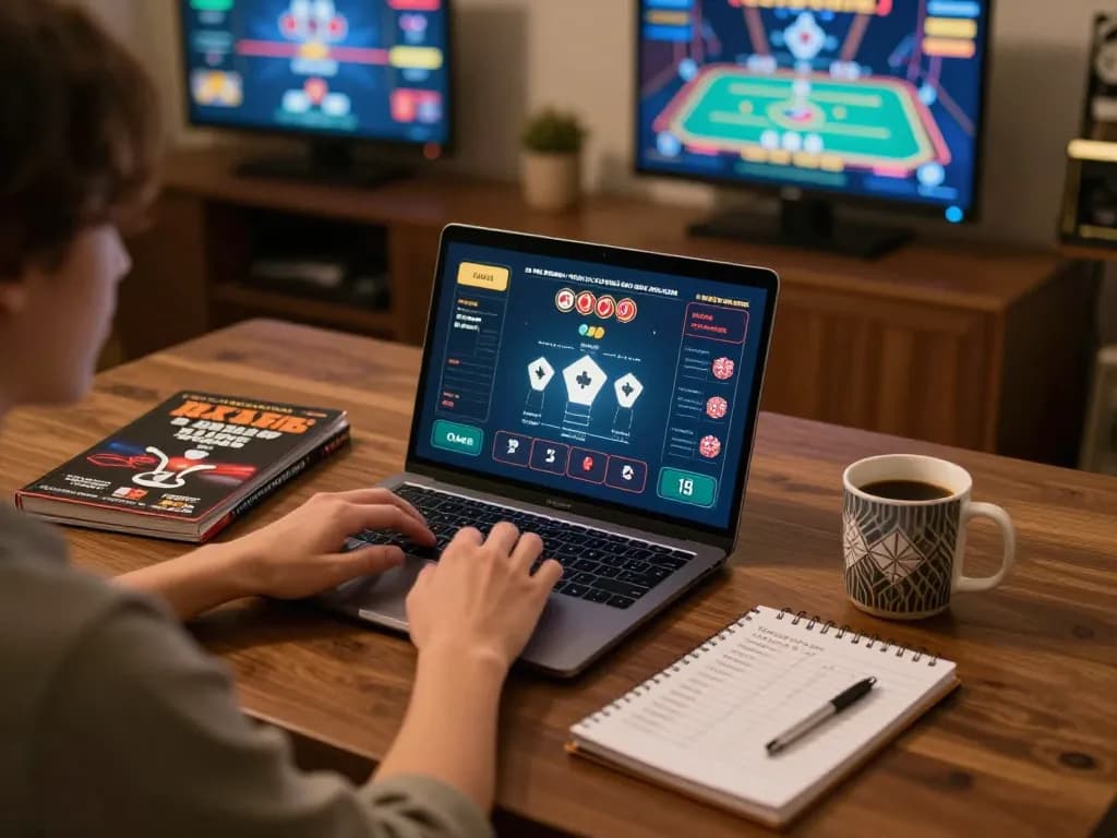 Playing poker at home through VS555 Casino with strategy materials and warm lighting.