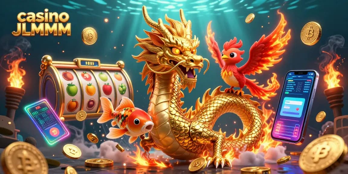 Enjoy an immersive experience at casino JLMMM with a dynamic 3D illustration of a golden dragon, fiery phoenix, and coins.