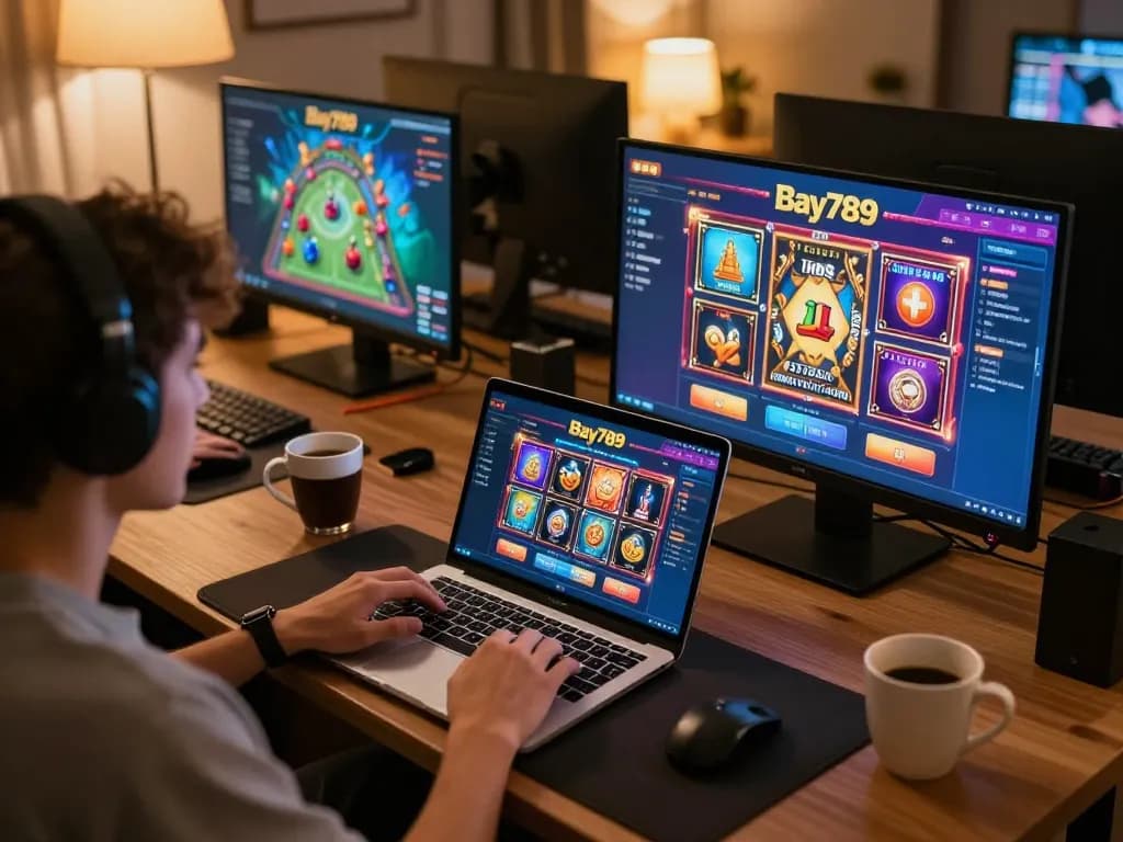 Engaging online gaming session at Bay789 with player using laptop and strategy guides.