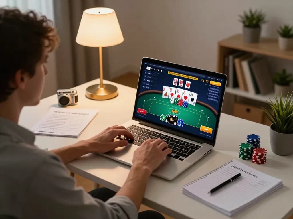 Engaged user playing on OK365 online casino game, showcasing a cozy gaming setup with strategic notes.