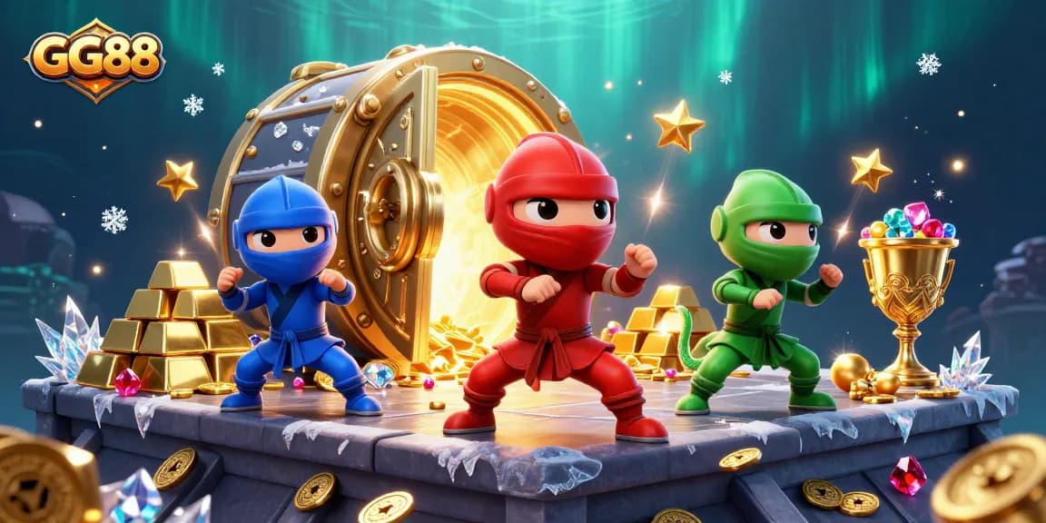 GG88 captures excitement with a ninja chameleon team surrounded by treasures and dynamic elements.