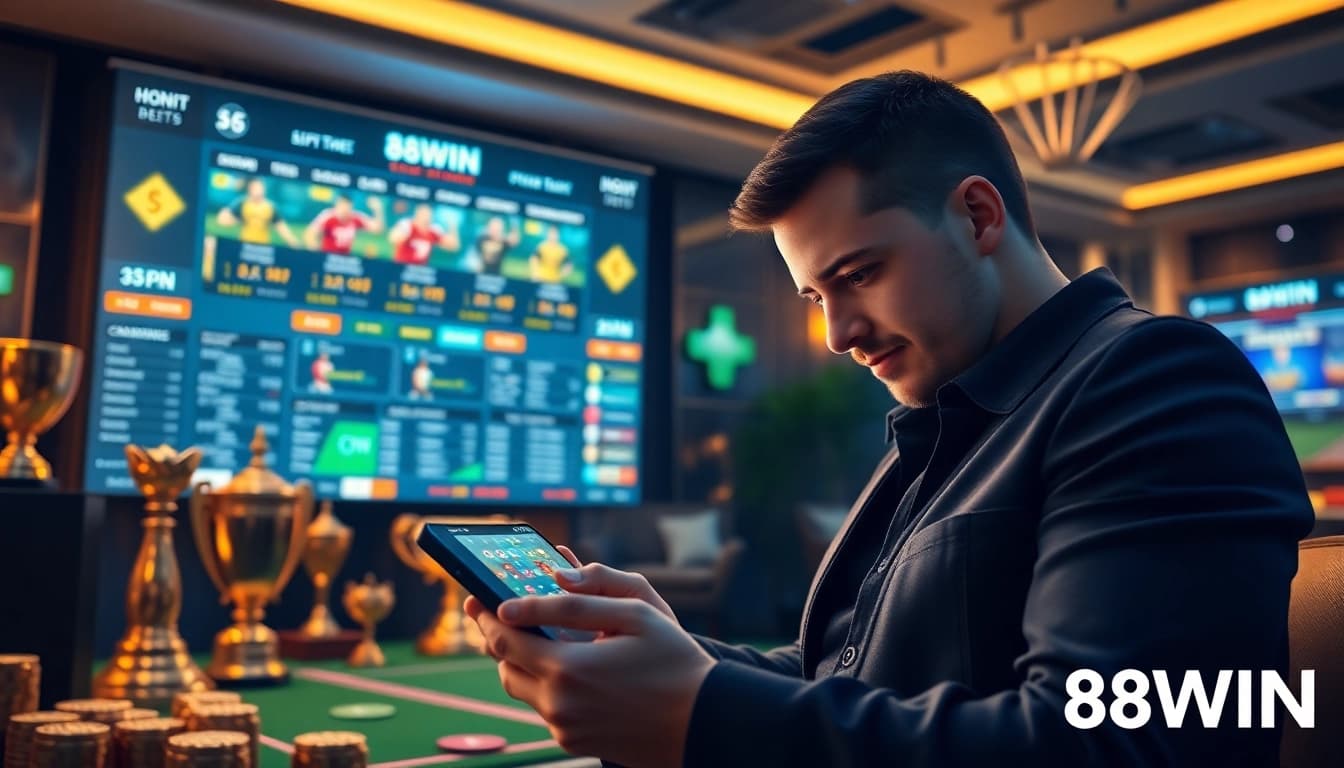 Interactive 98WIN betting platform showcasing live sports and casino games in a luxurious setting.