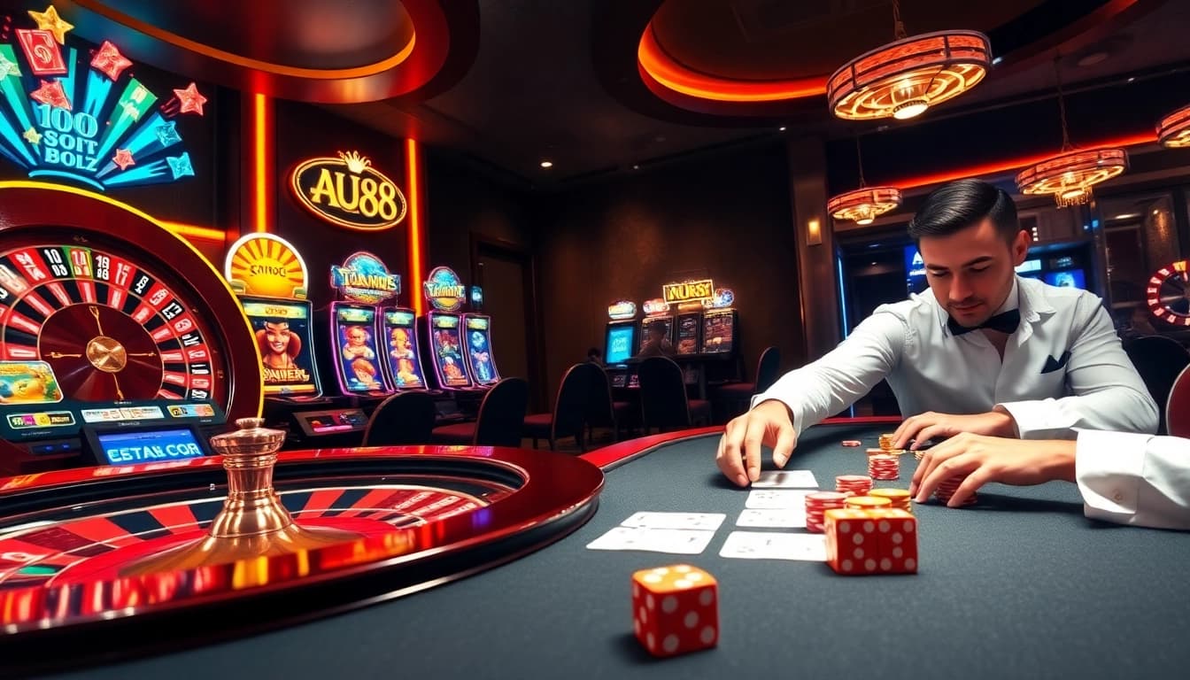 Experience thrilling gameplay at AU88 with a luxurious casino atmosphere showcasing roulette and poker.