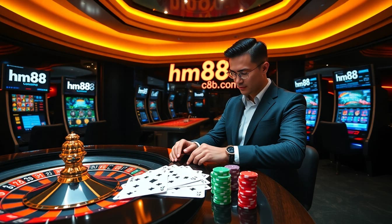 Expert gambler placing strategic bets at hm88.com live casino table with vibrant chips and cards