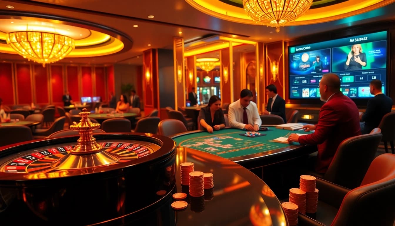 Engaging players at a modern casino showcasing 789f.site/ with poker chips and a roulette wheel.