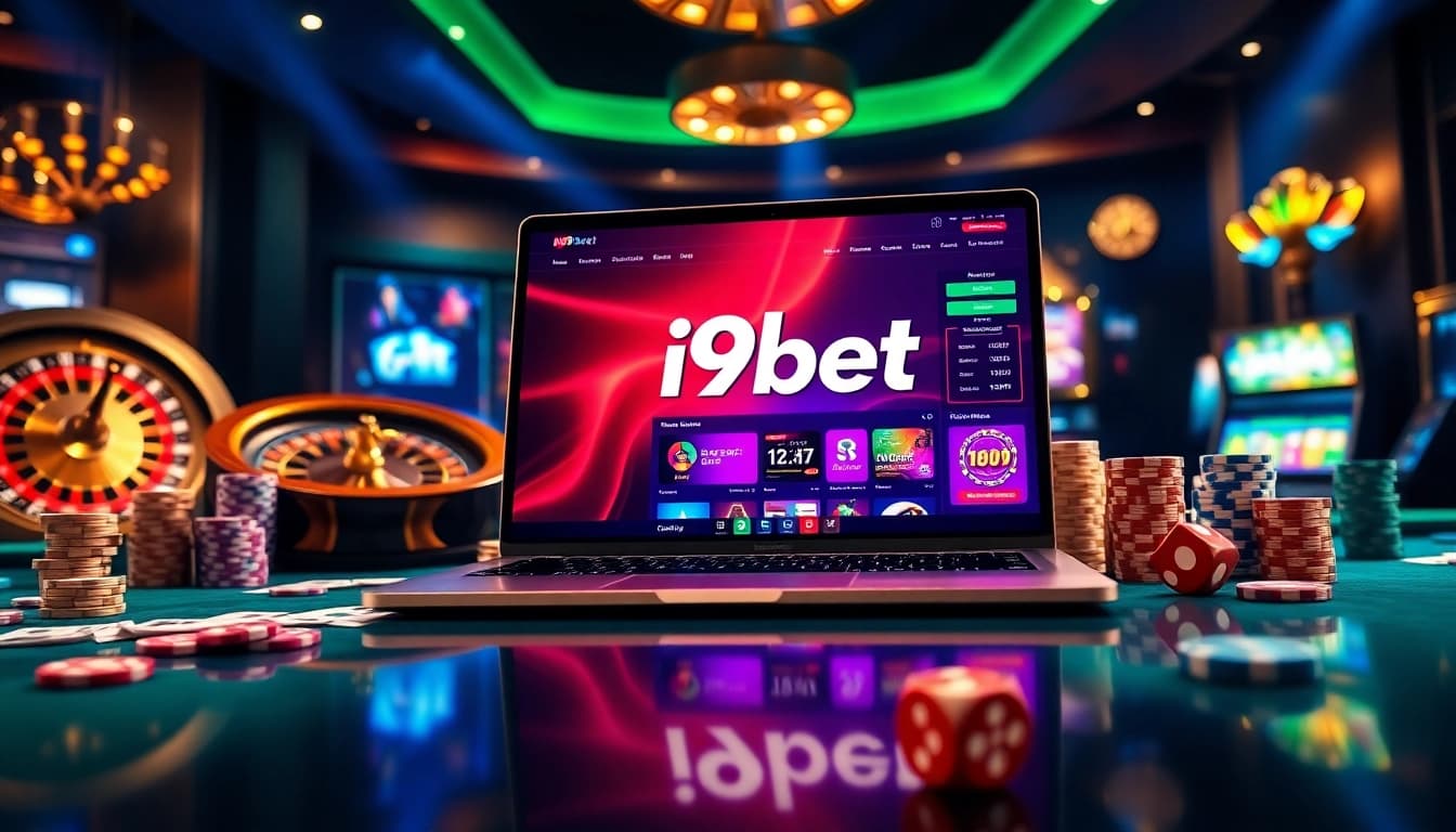 I9bet online gambling scene featuring vibrant casino elements like poker chips and a roulette wheel.