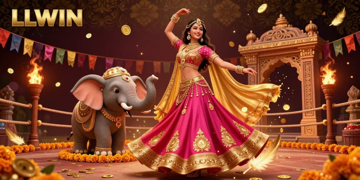 Experience thrilling gameplay at LLWIN, where a stunning Asian woman dances amidst gold coins and casino elements.