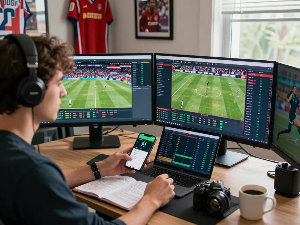 Exciting 1gom sports betting scene with multiple screens and sports memorabilia in a vibrant home office.