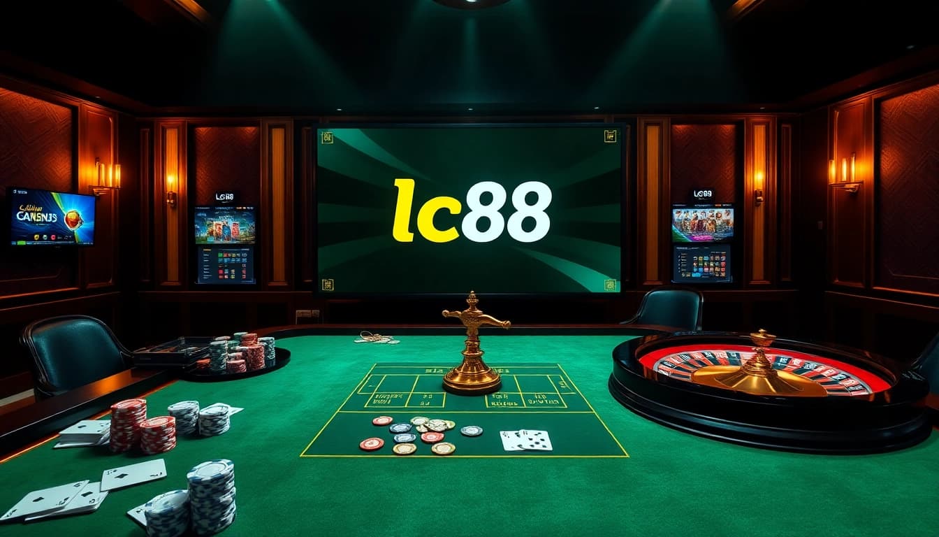 Experience the excitement of lc88 casino with vibrant gaming elements at a luxurious online casino table.