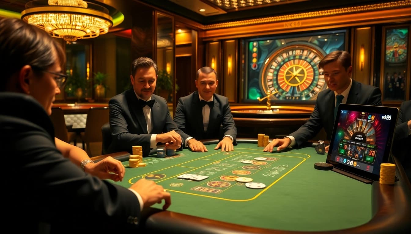 Engaged players at the nk88 poker table with chips and a roulette wheel in a luxury casino setting.