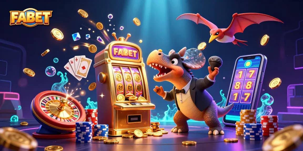 FABET showcases a cartoon pachycephalosaurus winning jackpots at a vibrant casino scene.