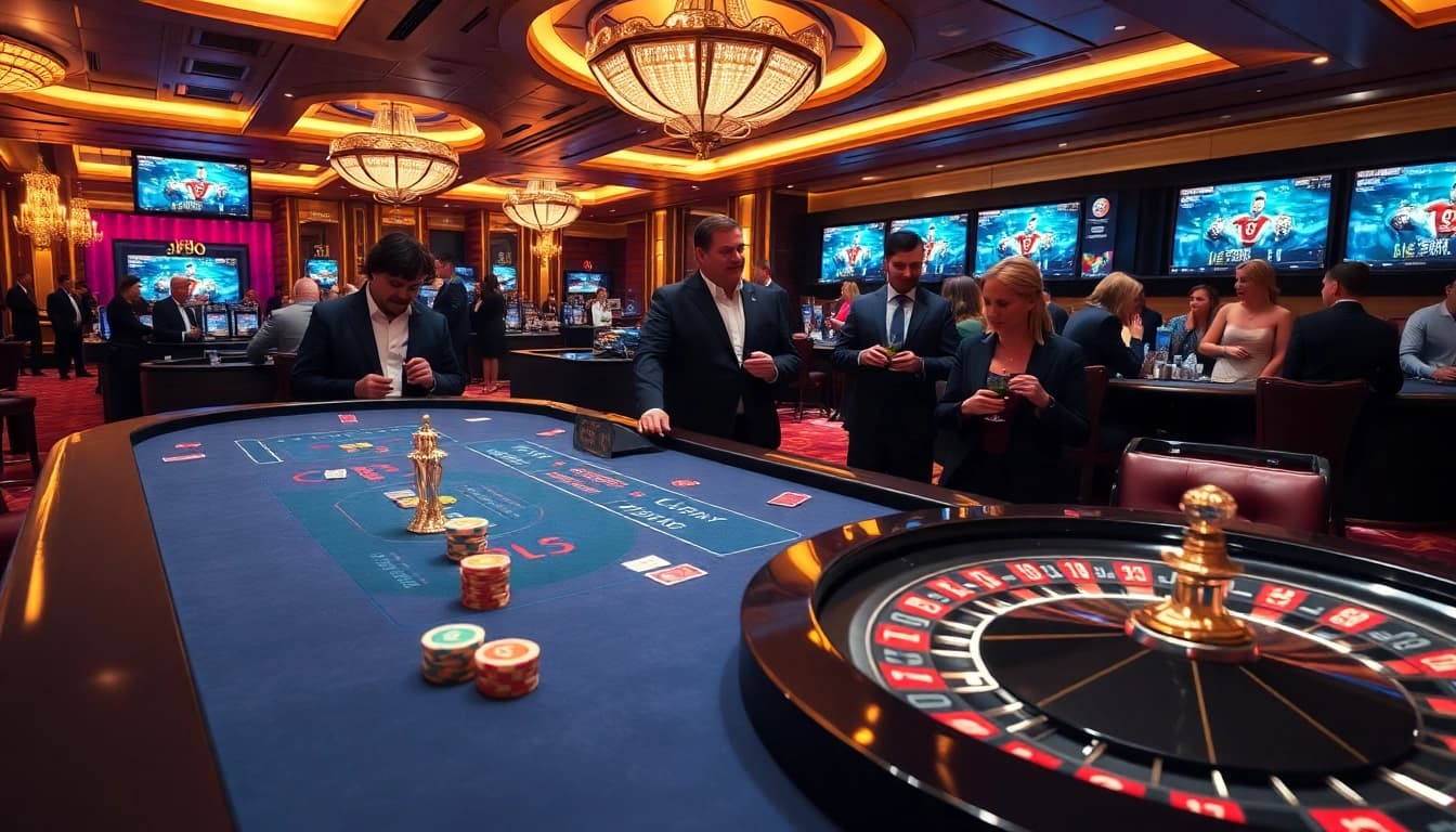 High-stakes gamblers at a JBO casino table, engaging in an exciting game with poker chips and cards.
