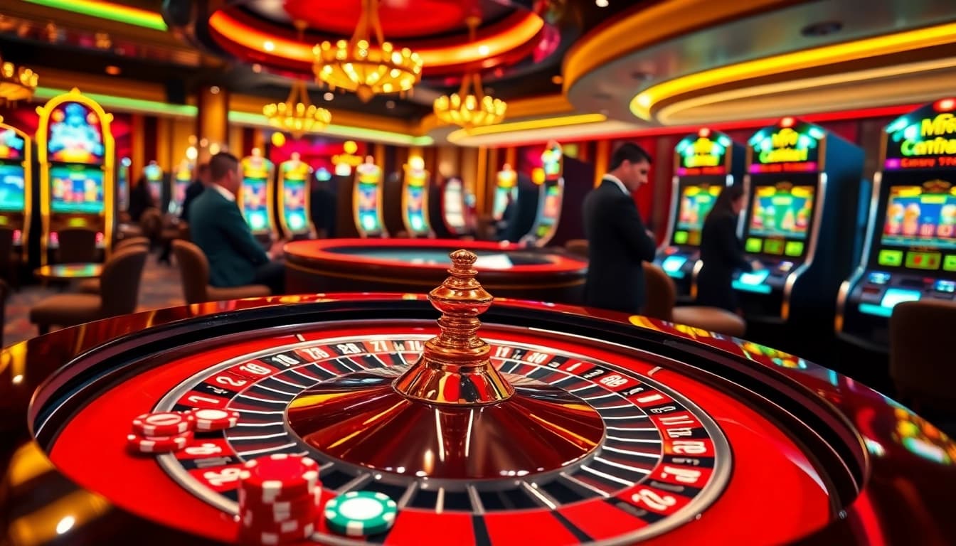 Gamblers enjoying a thrilling soibet ไทย experience at a luxurious casino with roulette and slot machines.