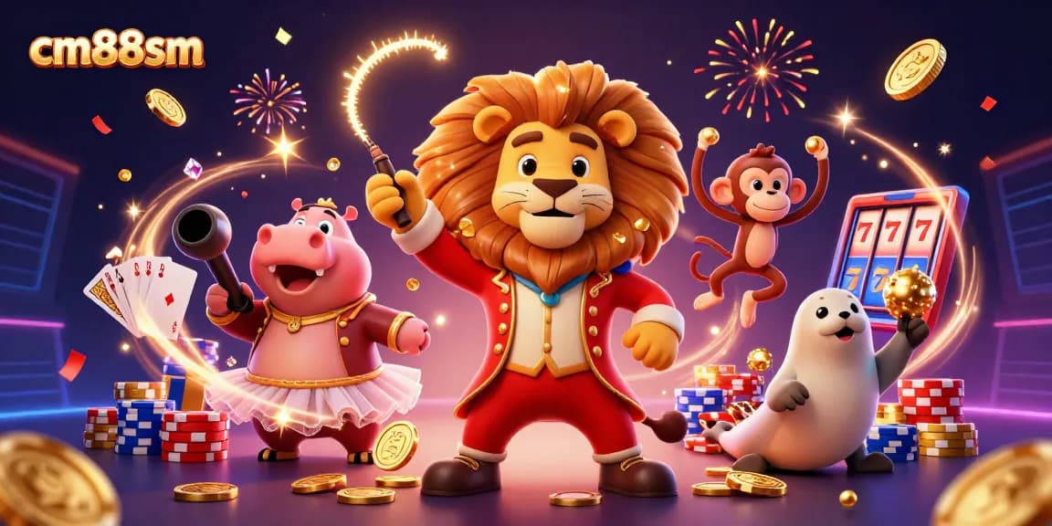 Experience the gaming excitement at cm88sm with a vibrant 3D circus-themed casino illustration.