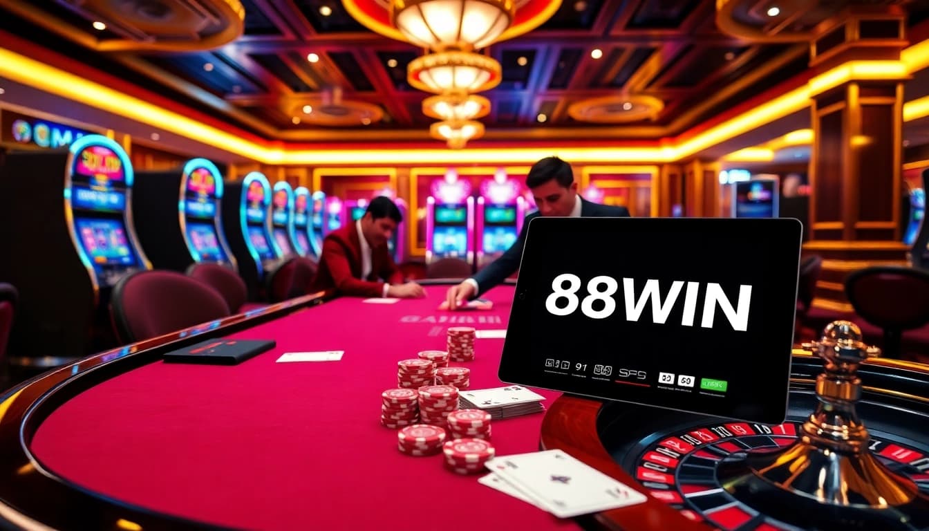 Exciting poker action at a luxurious casino table representing 68WIN with vibrant colors and stakes.