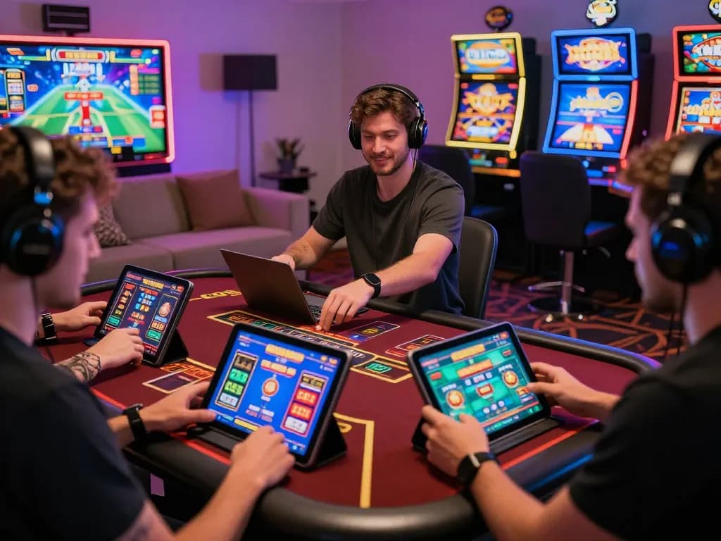 Engaged players exploring TG88 online gambling platform with vibrant gaming visuals.