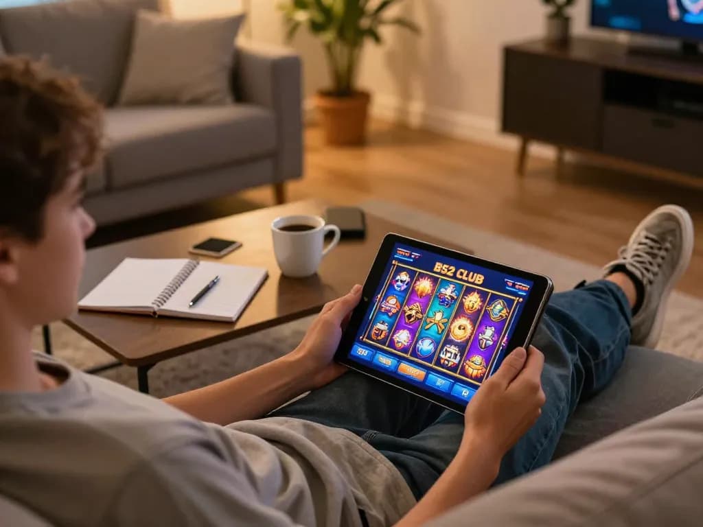 B52 Club player enjoying engaging online slots from home, showcasing a cozy and responsible gaming scene.